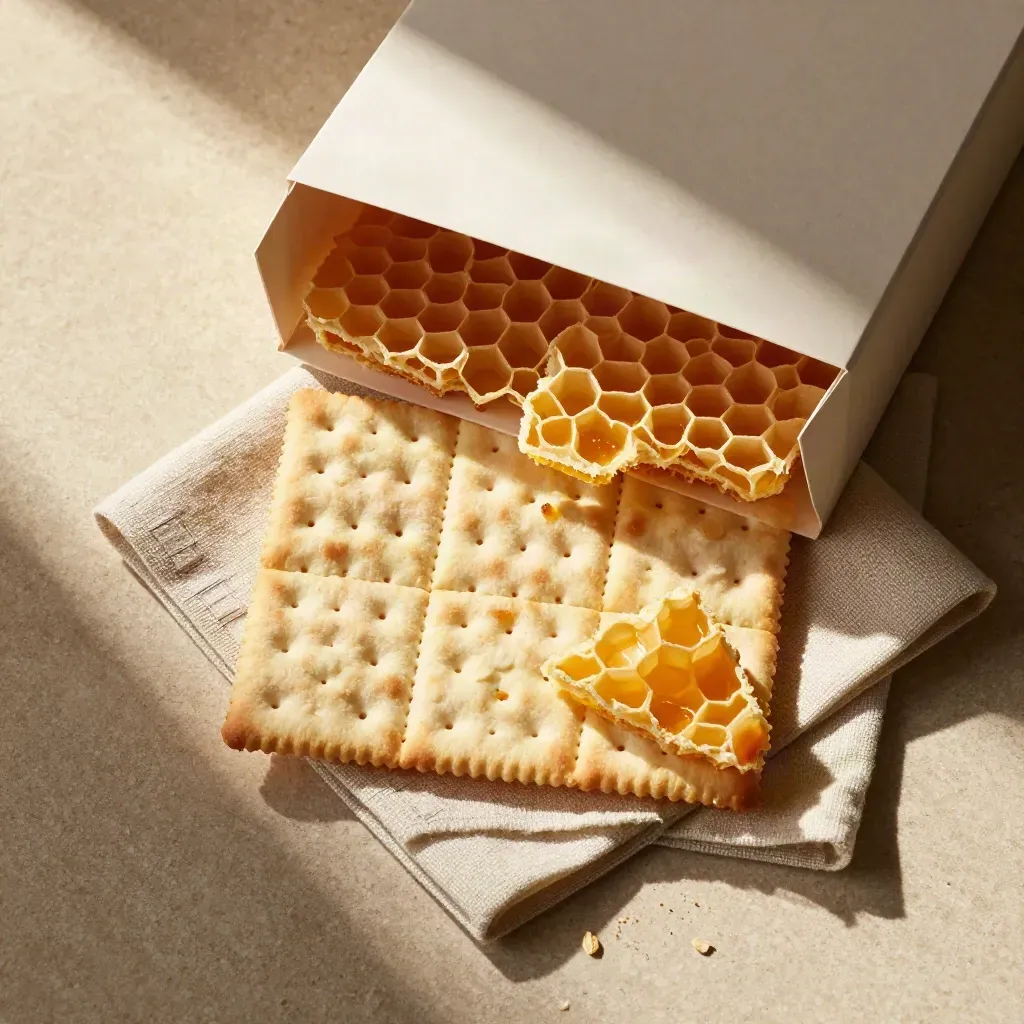 Overhead honeycomb snack box with crackers and linen napkin on warm stone.