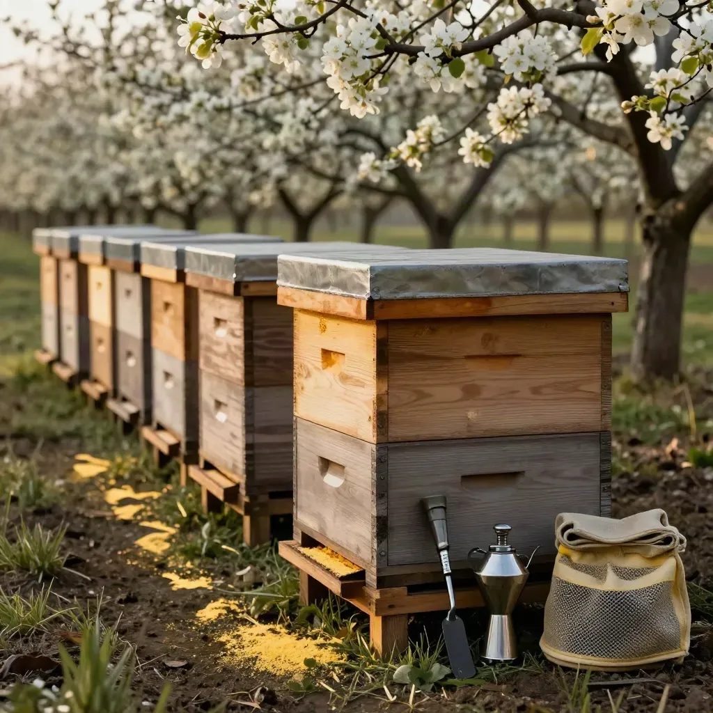 Stacked beehive boxes at an orchard edge with blossoms and a small service kit.