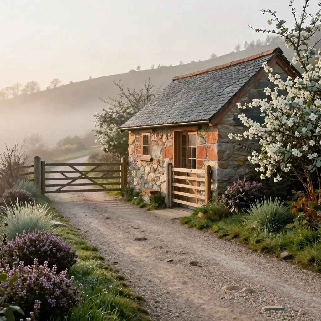 Mist lifting on a hillside apiary path beside a wooden shed and flowering hedgerow