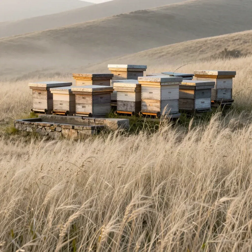 Sunlit hillside apiary with hive boxes, grasses, and a stone trough in mist