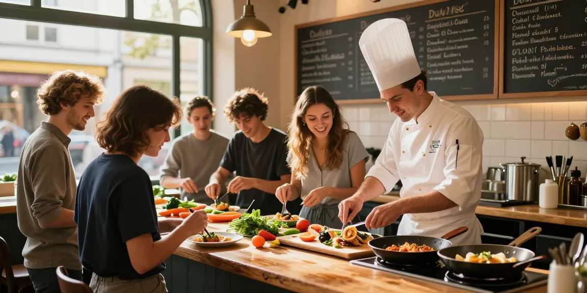 Students engaging in a paid internship in France, cooking traditional dishes in a vibrant café environment.