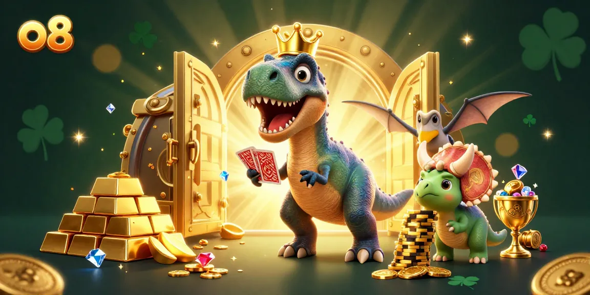 Join the fun at o8, where a T-Rex shuffles cards and chips stack high in a vibrant casino scene.