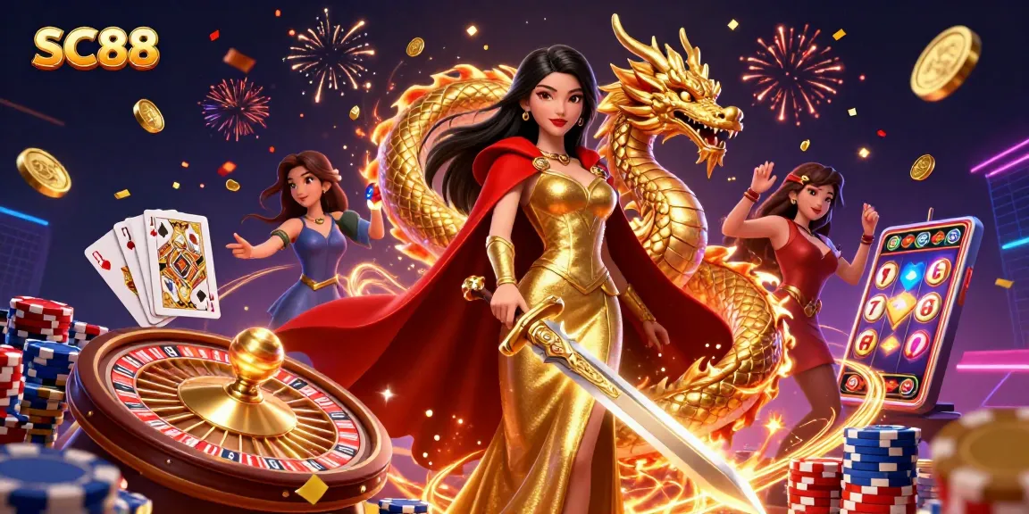 Engage with SC88's vibrant casino world featuring slot games, jackpots, and dynamic characters in a 3D scene.