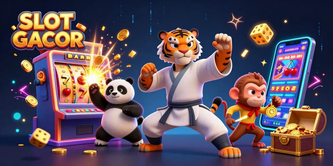 Experience SLOT GACOR with dynamic slot action featuring a kung fu tiger and playful characters.