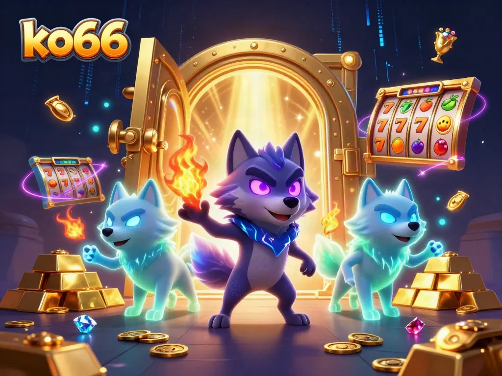 Experience enchanting gaming with KO66 as spirit wolves lead to a treasure vault in this vibrant casino scene.