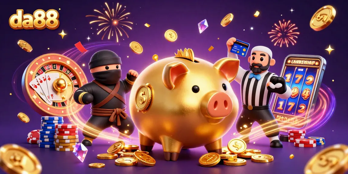 Experience thrilling action at da88 with vibrant 3D casino characters surrounded by winning symbols and coins.