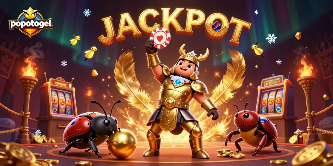 Experience popotogel excitement with a victorious hercules beetle amidst dramatic casino elements.