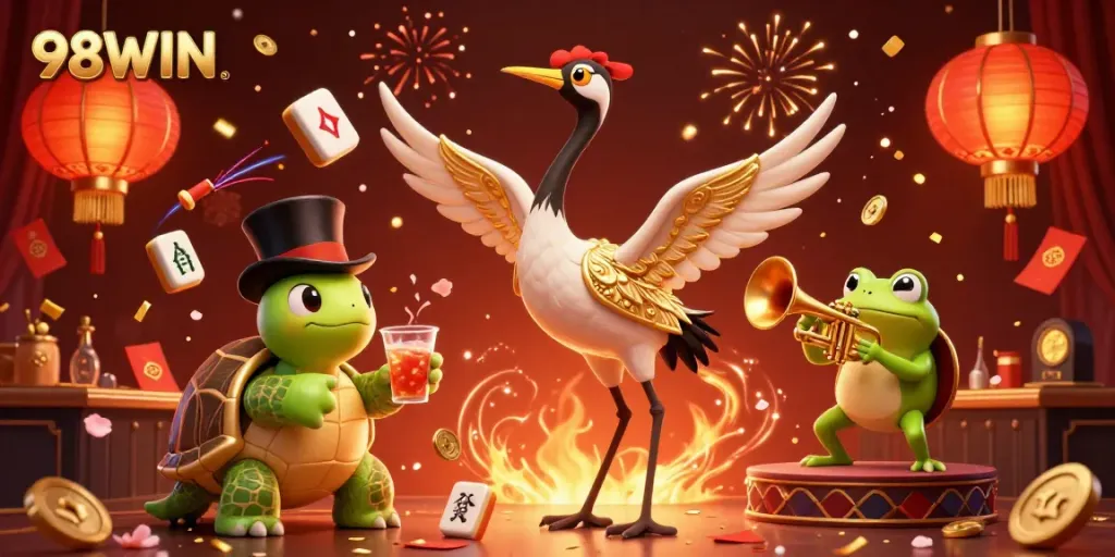 Engaging scene showcasing 98WIN's lively gaming atmosphere with unique characters in a carnival of casino action.