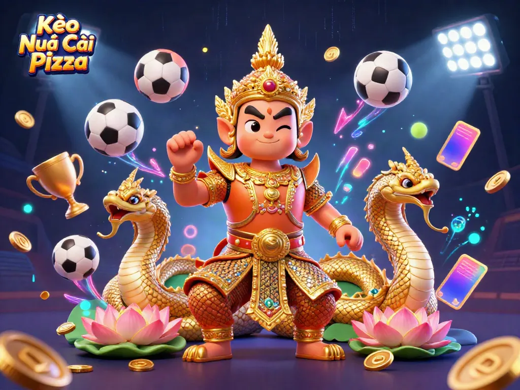Experience thrilling sports betting excitement with Kèo Nhà Cái Pizza in a vibrant 3D illustration.