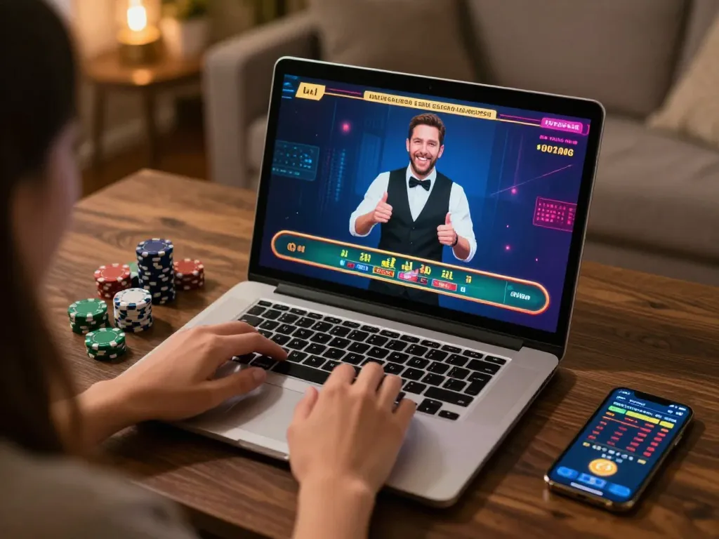 Player engaging with UG DEWA live dealer game on laptop in cozy home setting