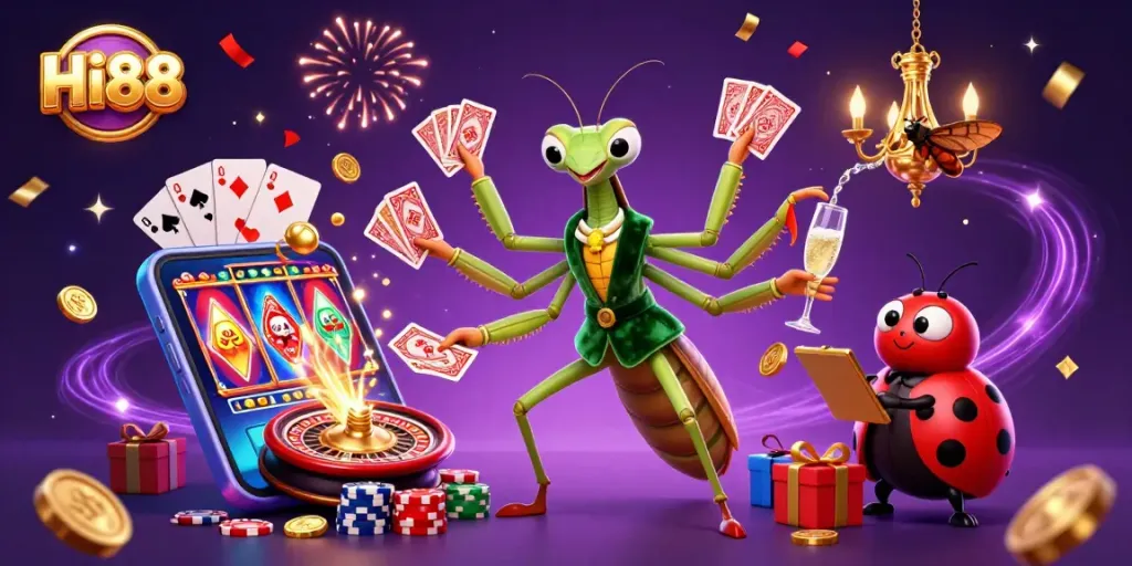 Experience the excitement of Hi88 with a vibrant 3D casino scene featuring unique gaming elements and characters.