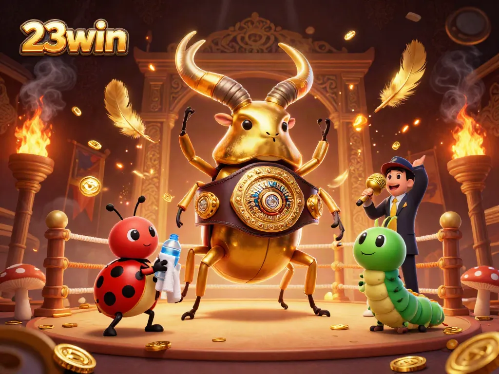 Engage with the thrilling atmosphere of 23win illustrated through a dynamic boxing scene featuring a champion beetle and vibrant game elements.