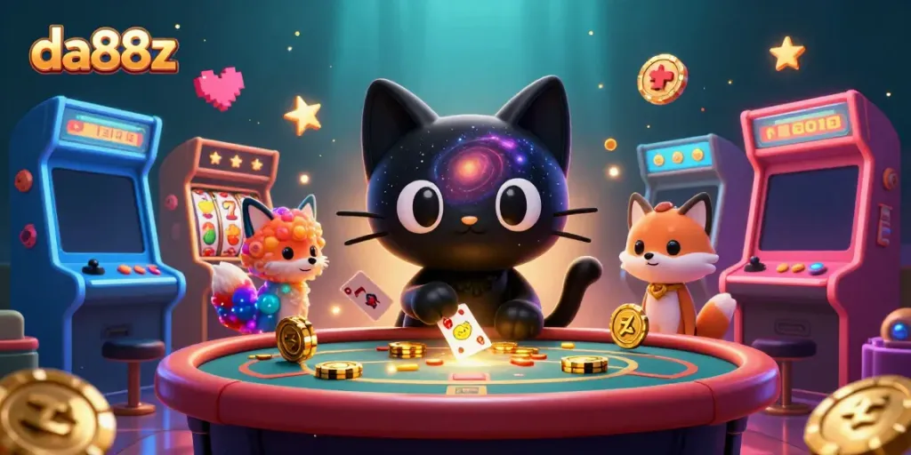 Play exciting slot games at da88z with a whimsical black hole cat gathering golden chips in a cosmic casino.