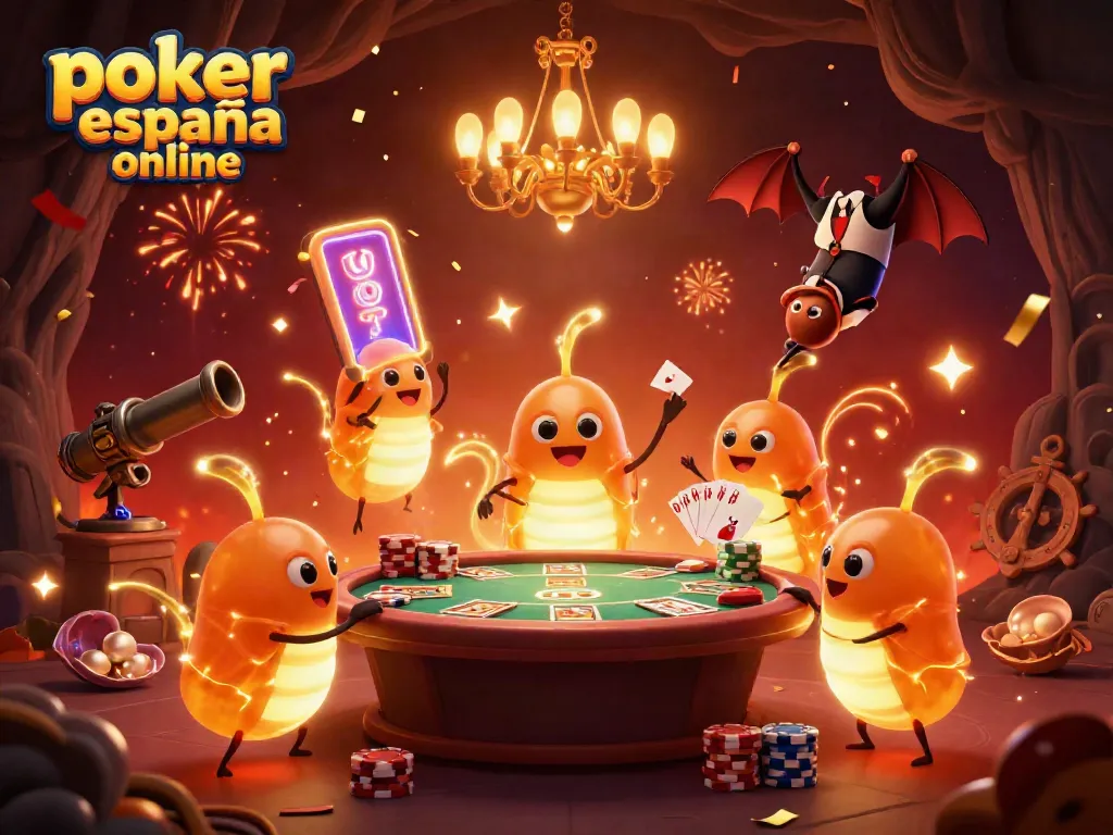 Disfruta del póker online en España rodeado de diversión y acción en esta ilustración animada.