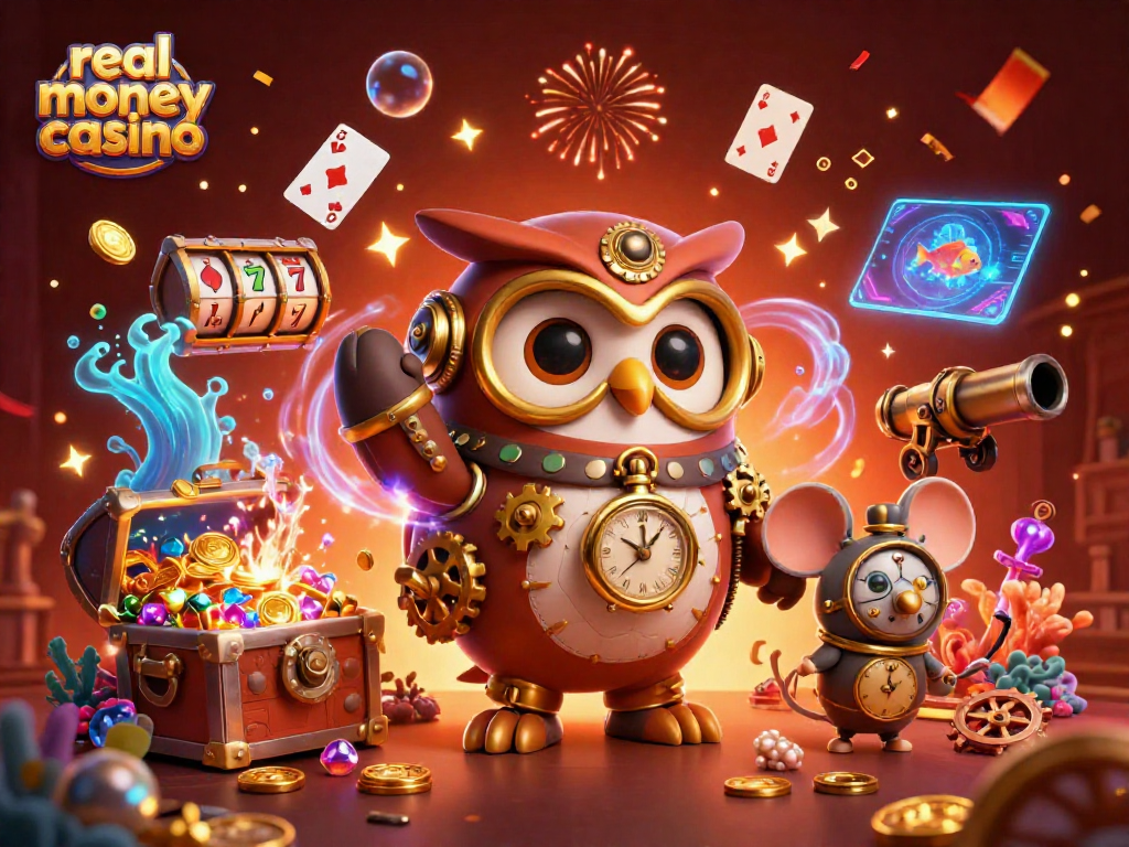 Experience the excitement of real money casino with vibrant characters in a dynamic casino-themed scene.