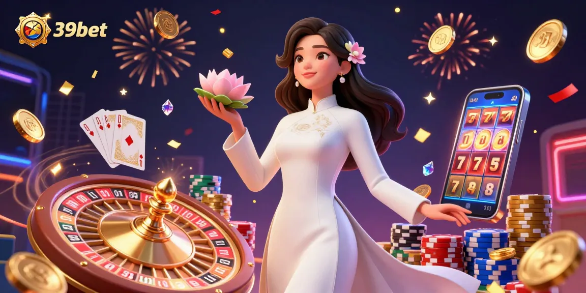 Win at 39bet with a stunning illustration of casino games and vibrant action elements.