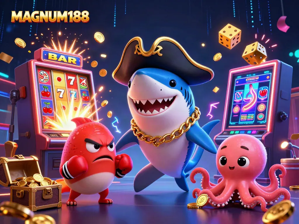 Engage with MAGNUM188's thrilling 3D slot game experience featuring vibrant characters and dynamic casino elements.