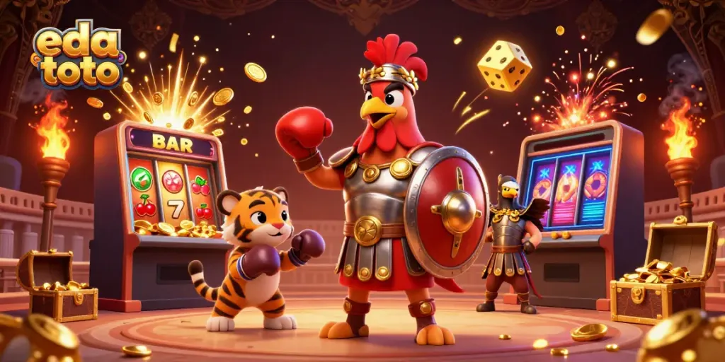 Experience dramatic gaming excitement with eda toto featuring a gladiator rooster, sparring cub, and epic jackpot.
