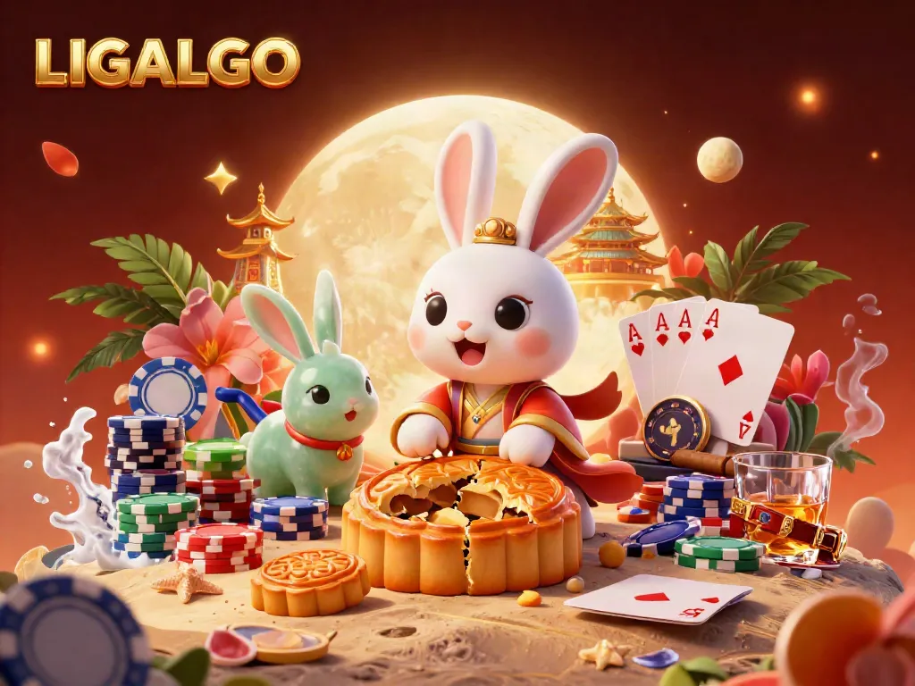 LIGALGO showcases a festive moon rabbit atmosphere, blending poker elements with vibrant lunar scenery.