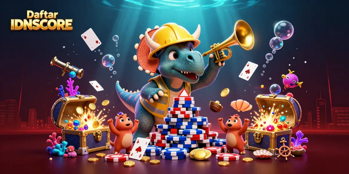 Join the fun with Daftar IDNSCORE as our characters celebrate epic wins in this casino-themed 3D illustration.