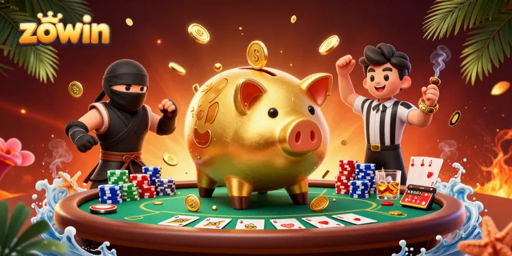 Engage in exhilarating gameplay with zowin at a vibrant poker scene featuring whimsical characters.