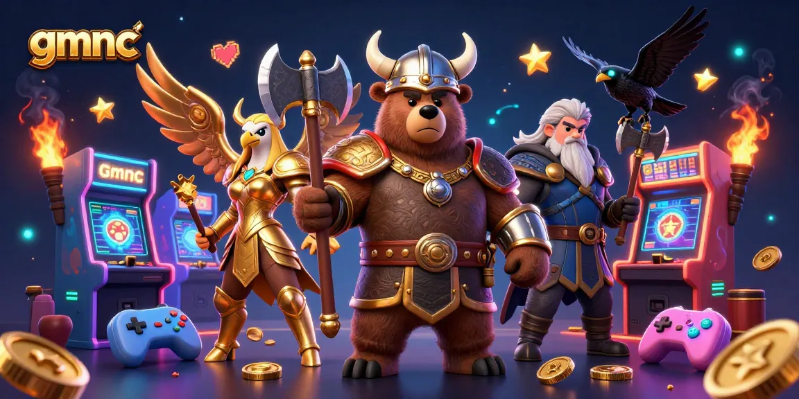 Engage in epic gaming with gmnc as Viking warriors and arcade elements collide in a vibrant casino scene.