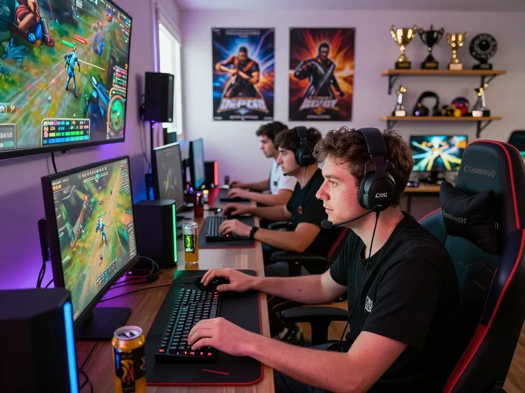 Youth enjoying ligasedayu online gaming experience in vibrant setup with LED lights and gaming peripherals.
