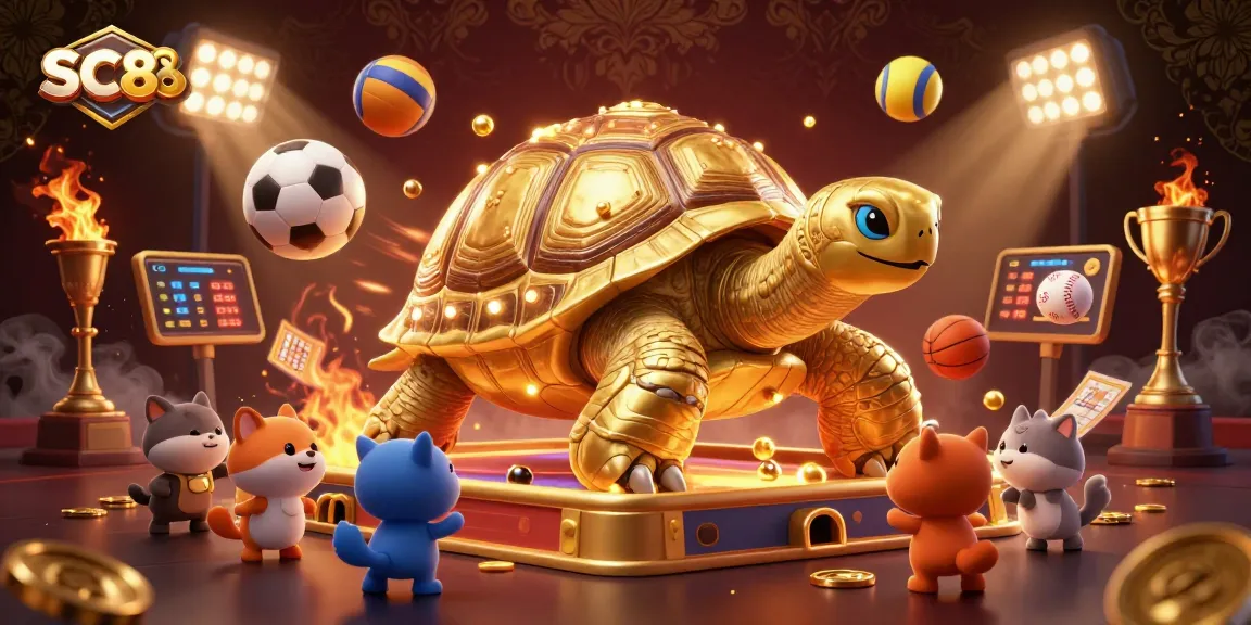 Engage in the SC88 experience with vibrant 3D casino illustration featuring a tortoise pinball, sports elements, and excitement.