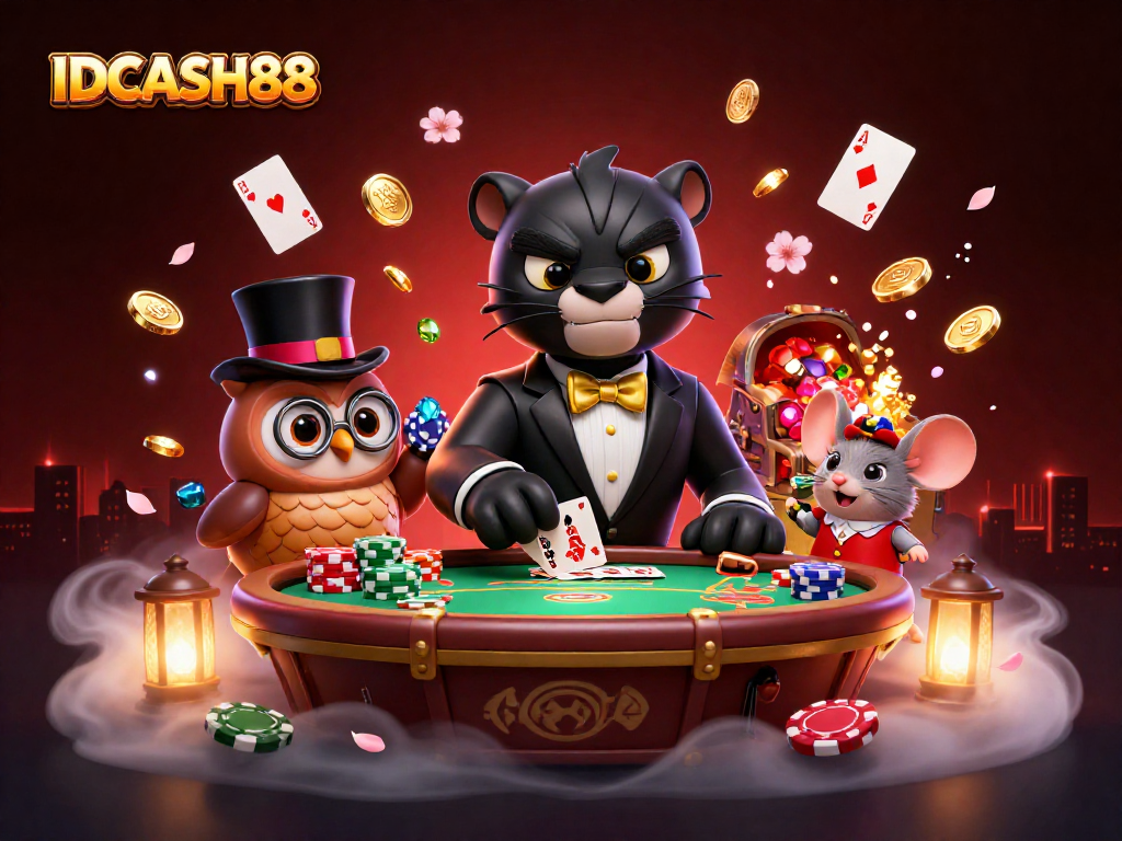 Engaging illustration of IDCASH88 featuring a stylish panther dealer, an owl with poker chips, and vibrant casino elements.