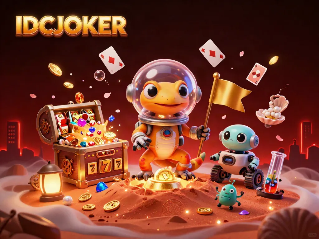 Experience IDCJOKER’s vibrant outdoor casino adventure with a Martian gecko and a robot sidekick.
