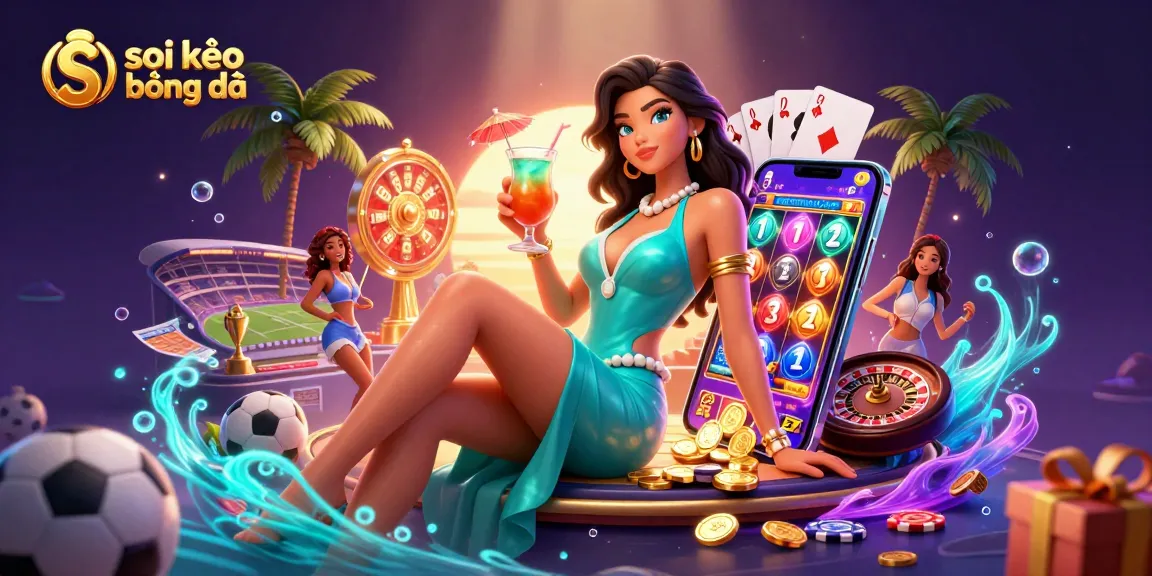 Soi kèo bóng đá illustration showcasing a glamorous Asian woman enjoying sports betting with vibrant casino elements.