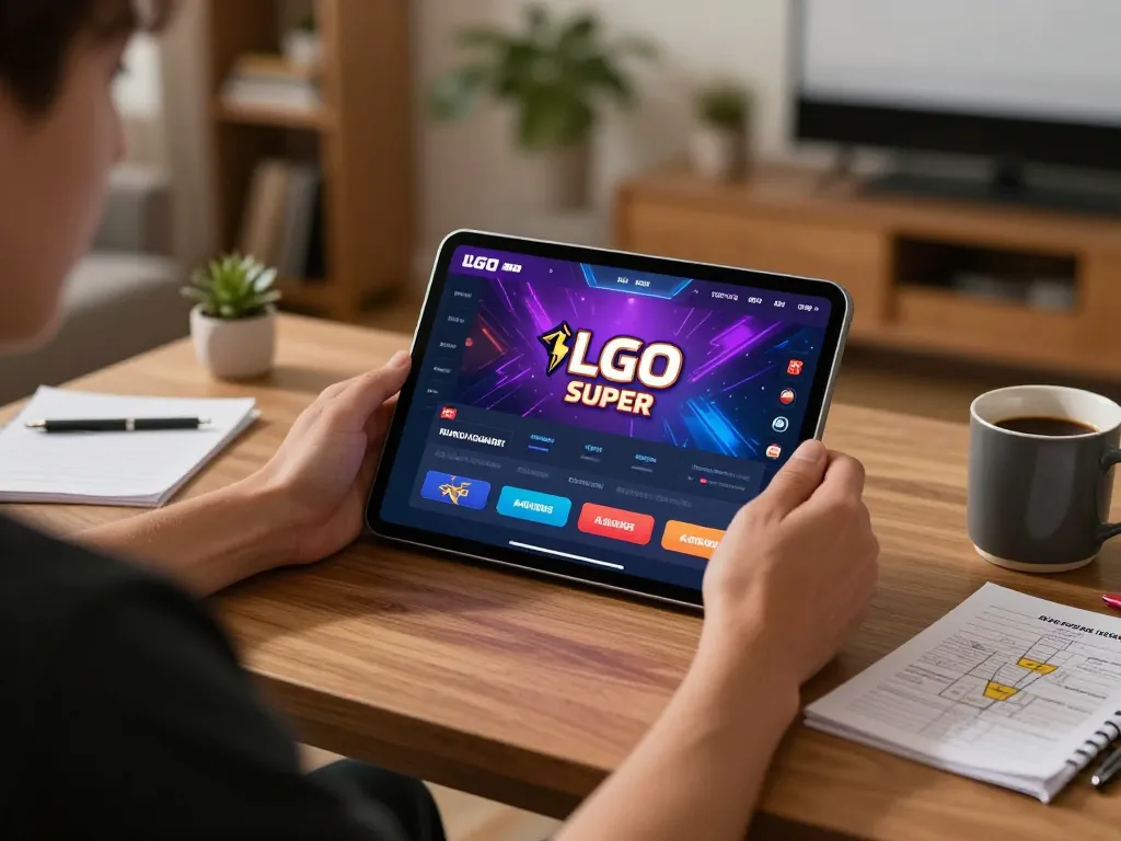 LGO SUPER gaming interface on tablet in cozy home, promoting responsible online gambling