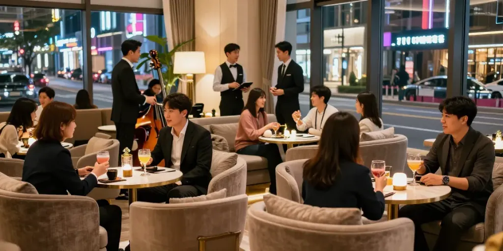 강남 타이밍의 고급 바에서 손님과 매니저가 즐거운 시간을 보내고 있는 모습