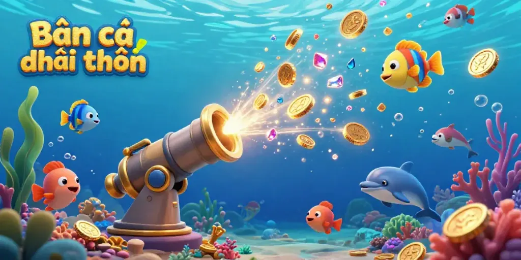 Engage in Bắn cá đổi thưởng with vibrant fish and underwater treasures in a dynamic gaming scene, showcasing excitement and adventure.