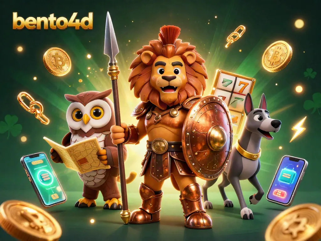 Bento4d showcases an exciting 3D illustration of a Spartan lion, owl strategist, and greyhound messenger amidst slot reels and cryptocurrencies.