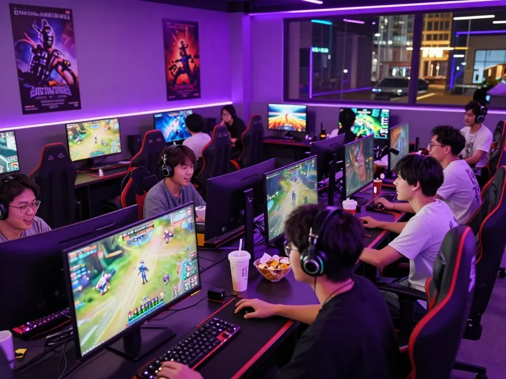 Mantra88 gaming hub with players engaged in neon-lit online games, vibrant atmosphere, and modern setup.