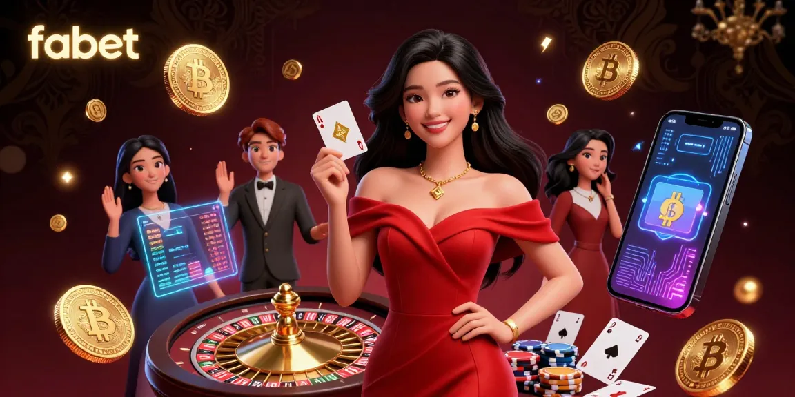 Experience fabet's thrilling atmosphere with a stylish Asian woman holding a golden playing card next to a roulette wheel.