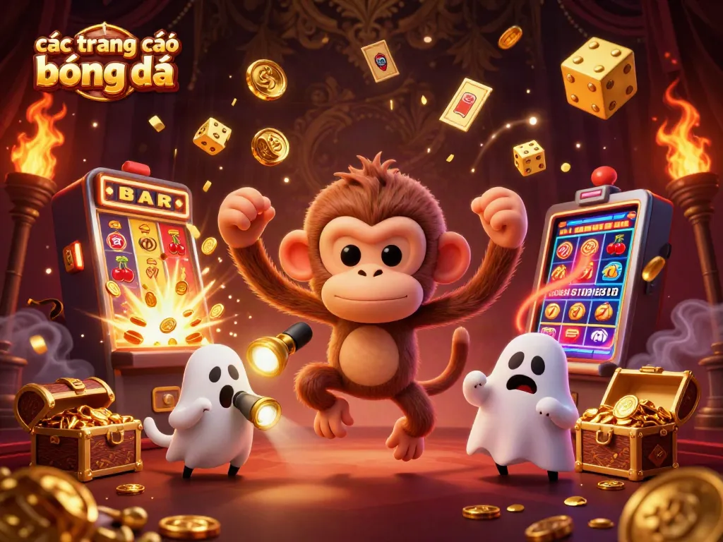 Các trang cá độ bóng đá với những vật phẩm vàng và nhân vật hoạt hình trong casino ảo.