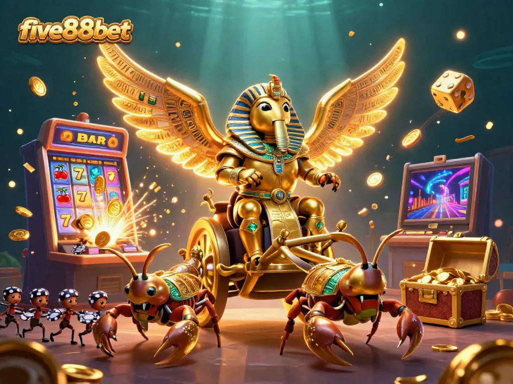 Experience the excitement of five88bet with a dynamic 3D scene of casino elements and characters.