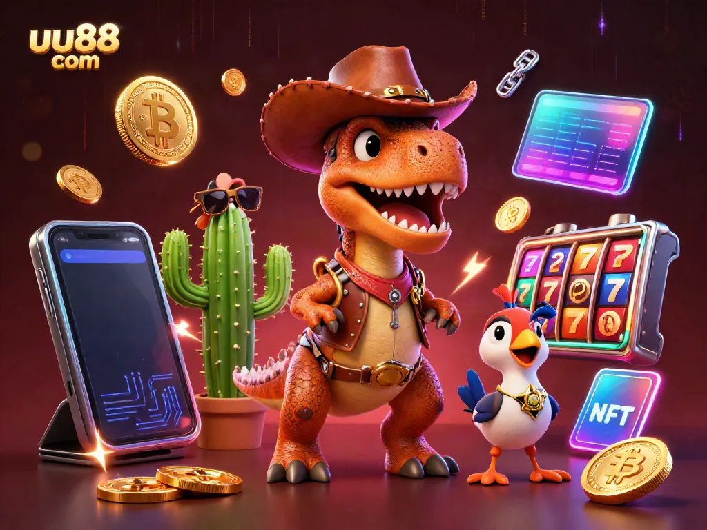 Experience thrilling gaming at uu88 com with a T-Rex cowboy, showcasing vibrant slot reels and crypto elements.