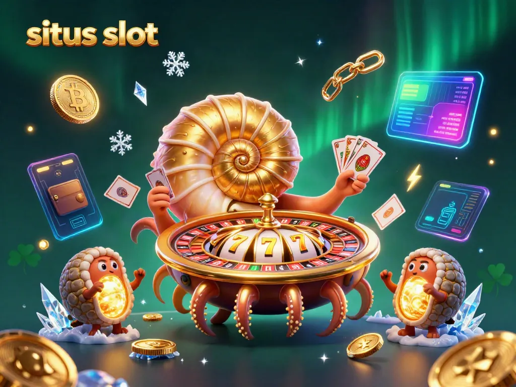 Engage with situs slot: a captivating 3D scene featuring a giant nautilus and slot machine elements.
