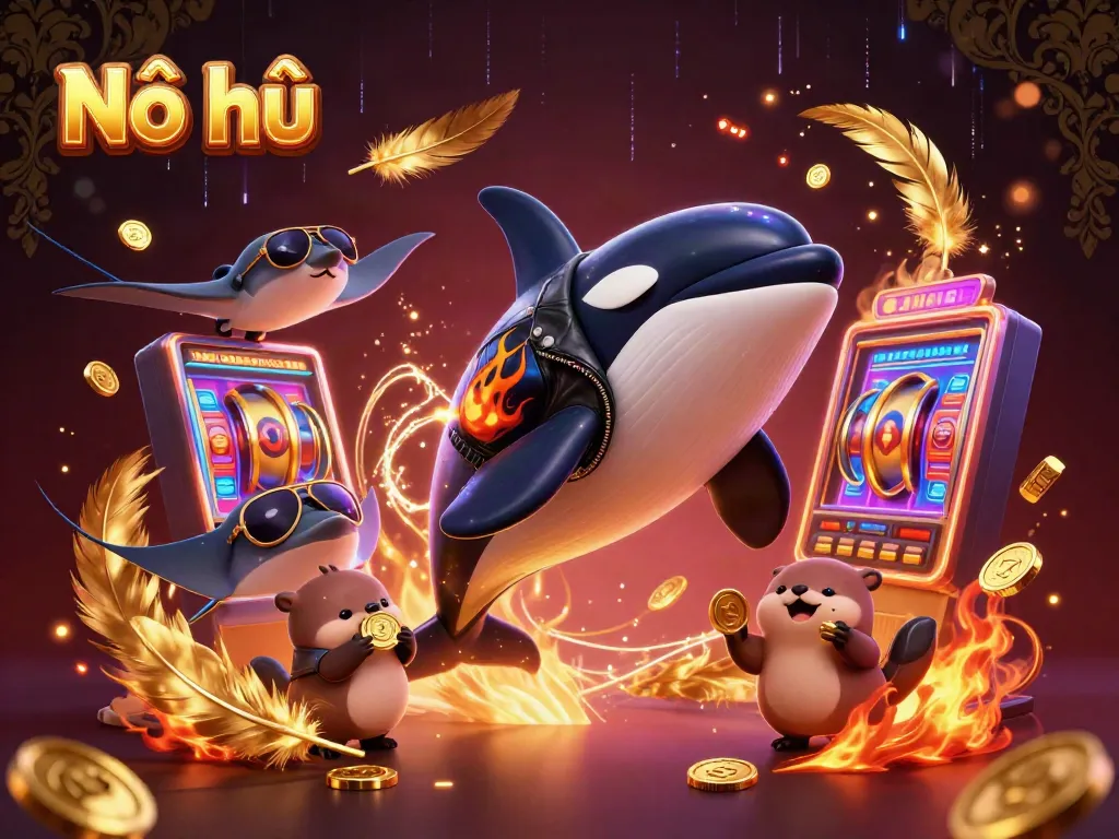 Nổ hũ excitement illustrated with a dynamic scene featuring vibrant characters and slot machine elements