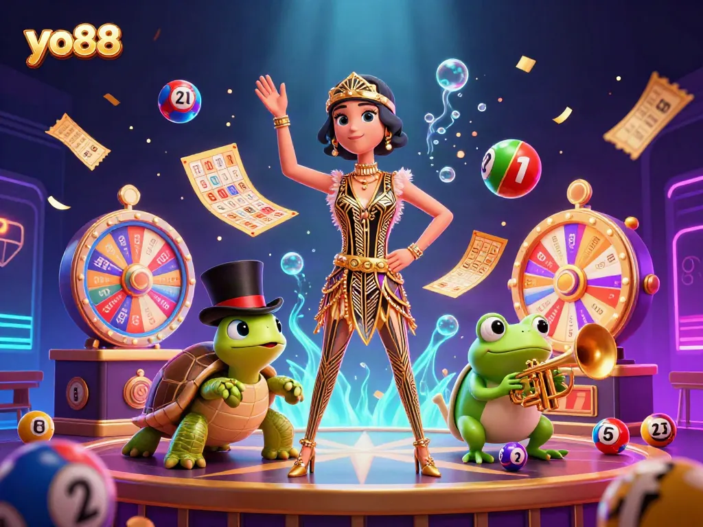 Experience yo88 excitement with a vibrant scene featuring golden bingo cards and dynamic lottery balls in a captivating casino atmosphere.