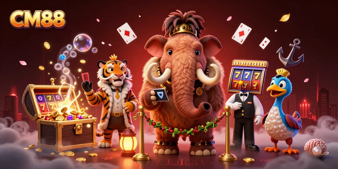 Experience excitement with CM88's colorful casino scene featuring cartoon characters and vibrant game elements.