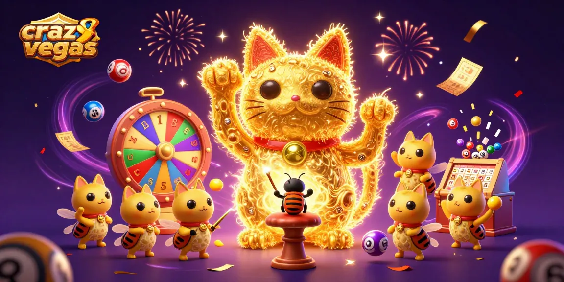 Experience the thrill of crazyvegas with golden fireflies forming a lucky cat amidst vibrant casino elements.