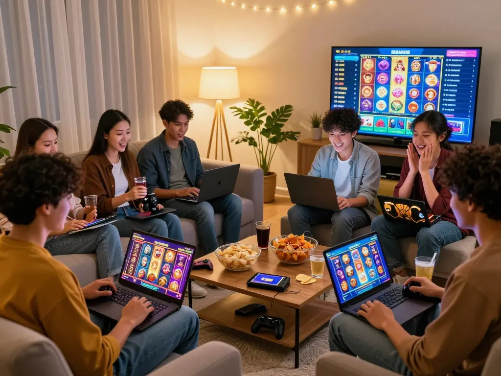 Friends playing online slot games at home, experiencing the excitement of vegasslot77.