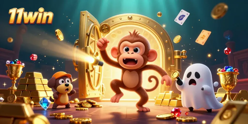 Engage in thrilling action at 11win with a playful poltergeist monkey juggling treasures in a haunted casino.