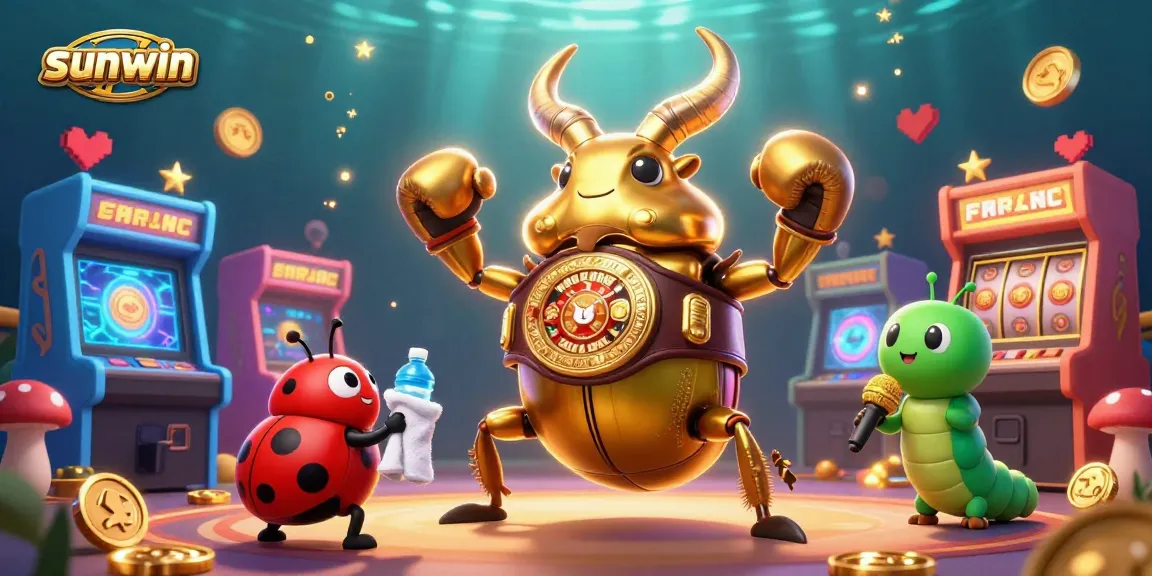 Engage in slots excitement with sunwin's animated giant beetle champion in a vibrant casino setting.