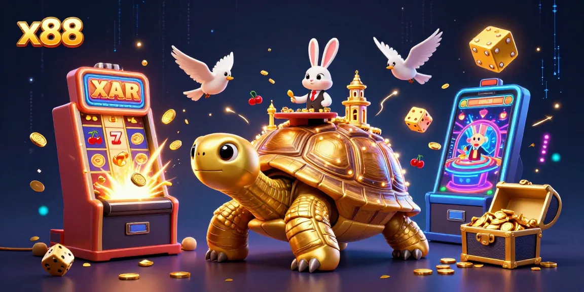 x88 players enjoy lively gaming at a vibrant casino scene with golden tortoise and rabbit dealer