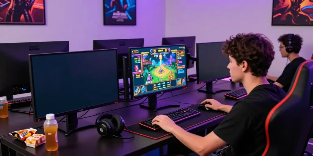 Player using bro138 login in a colorful game setup with multi-screens and gaming gear.